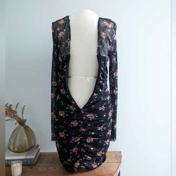 Zara Ruched Tulle Rose Pattern Dress with Mesh Long Sleeves - Picture 9 of 14
